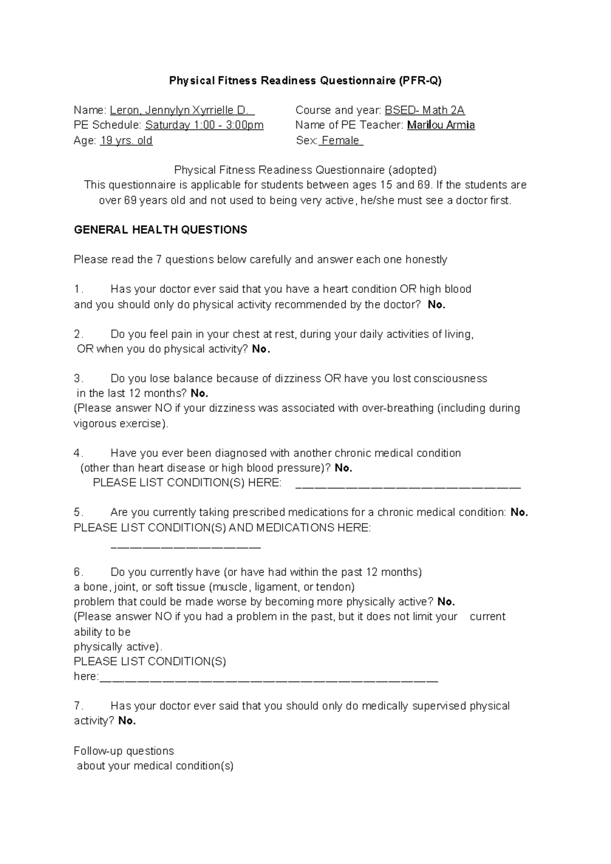 Physical Fitness Readiness Questionnaire (PFR-Q) - Course and year ...