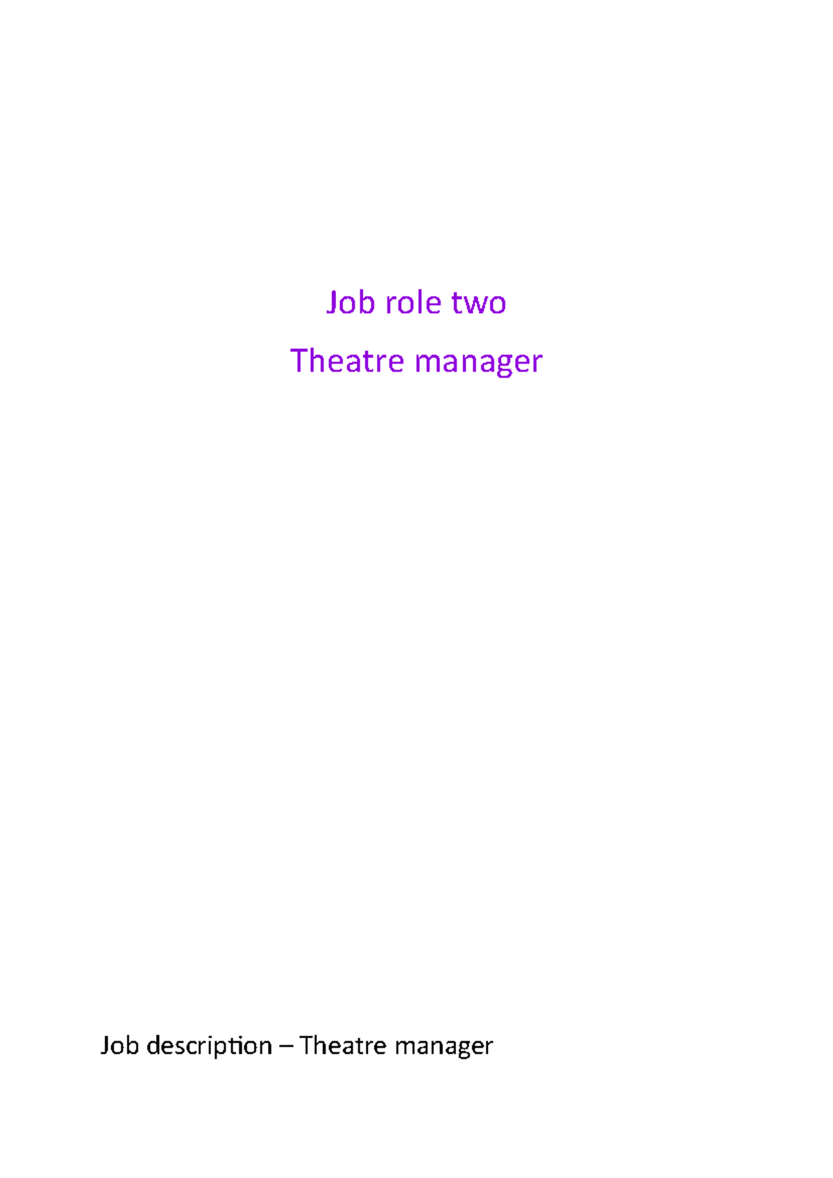 Report Two Theatre manager Job role two Theatre manager Job description Theatre manager A