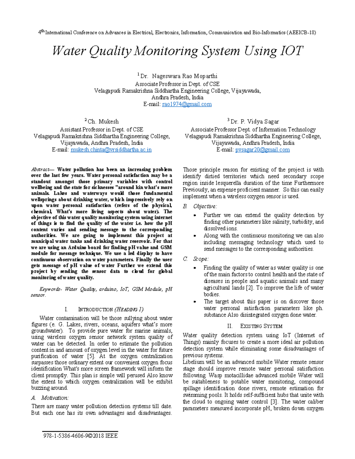 Aeeicb water quality monitoring system Water Quality Monitoring System Using IOT 1 Dr