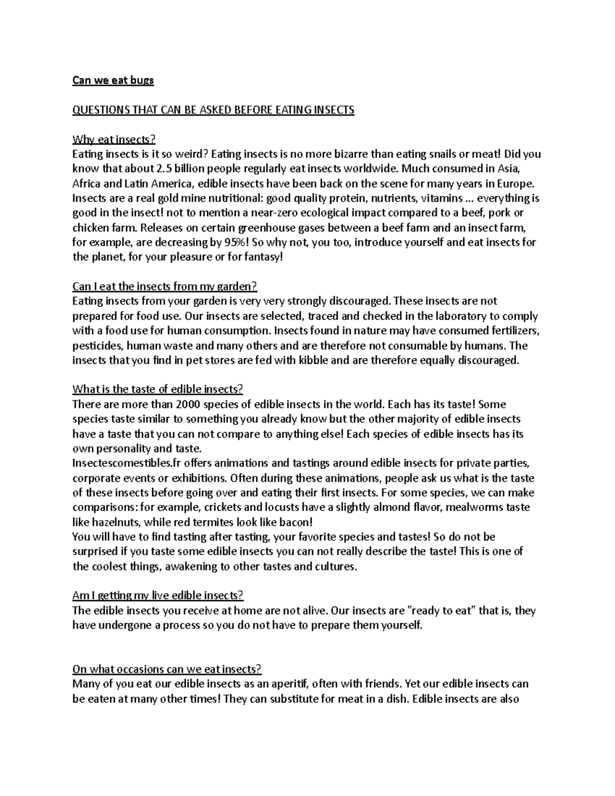 Can we eat bugs Lecture notes for exam 2 Can we eat bugs QUESTIONS