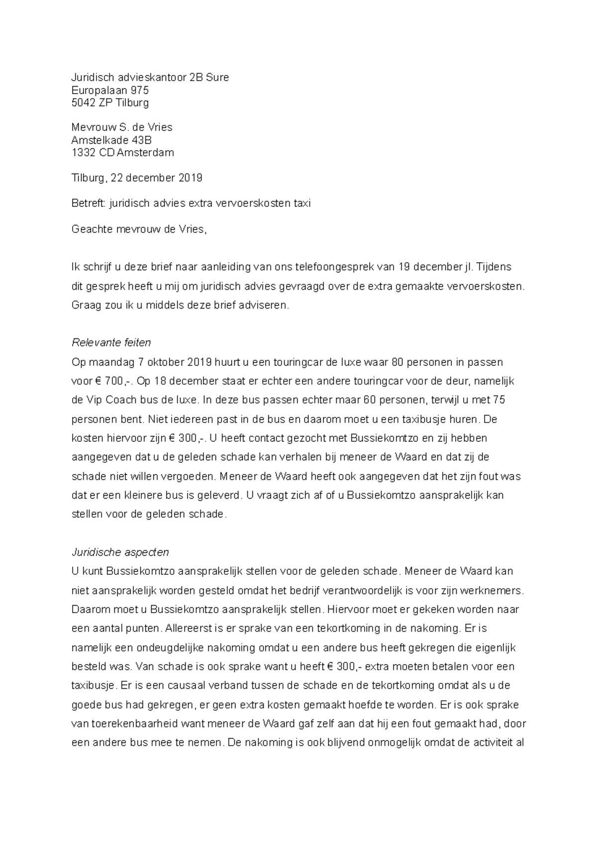 Adviesbrief P2 Juridische Schrijfvaardigheden Juridisch Advieskantoor