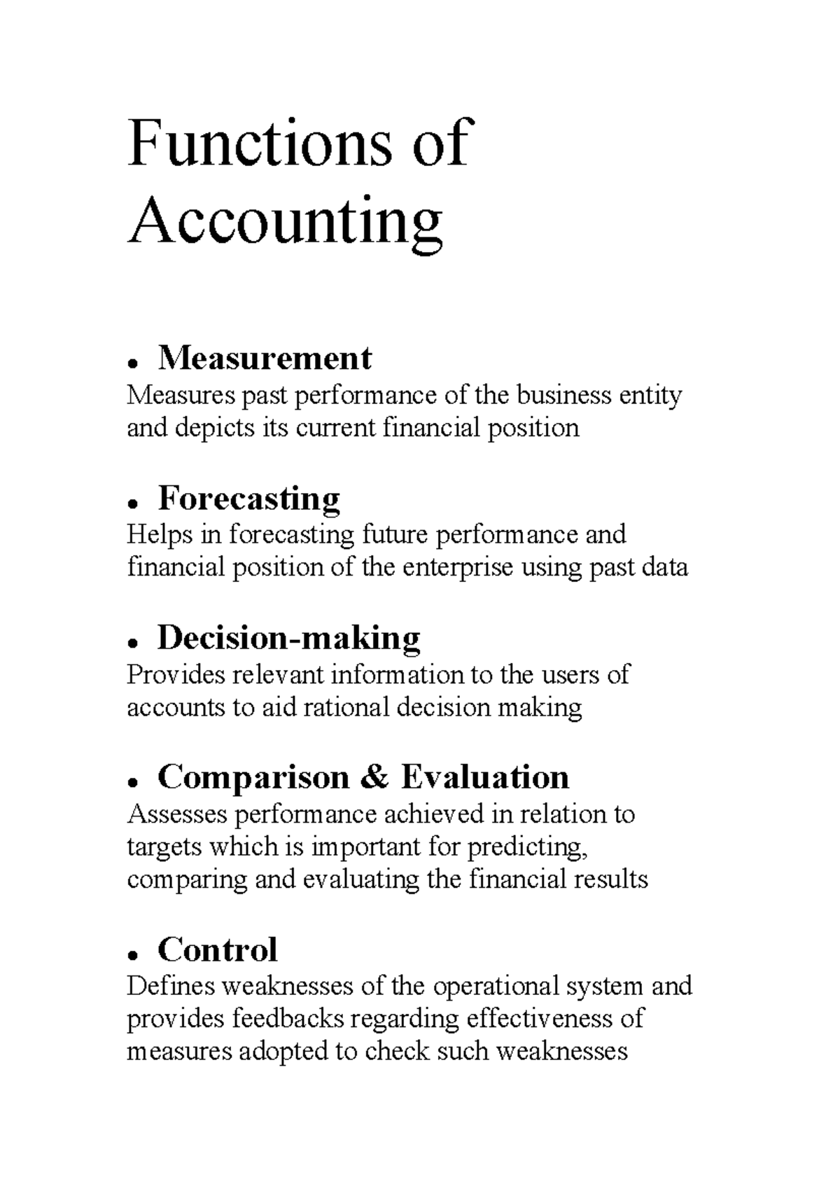 Functions of Accounting - Functions of Accounting Measurement Measures ...