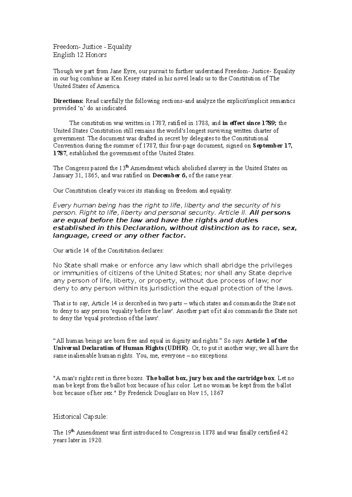Constitution Highlights - Freedom- Justice - Equality English 12 Honors ...