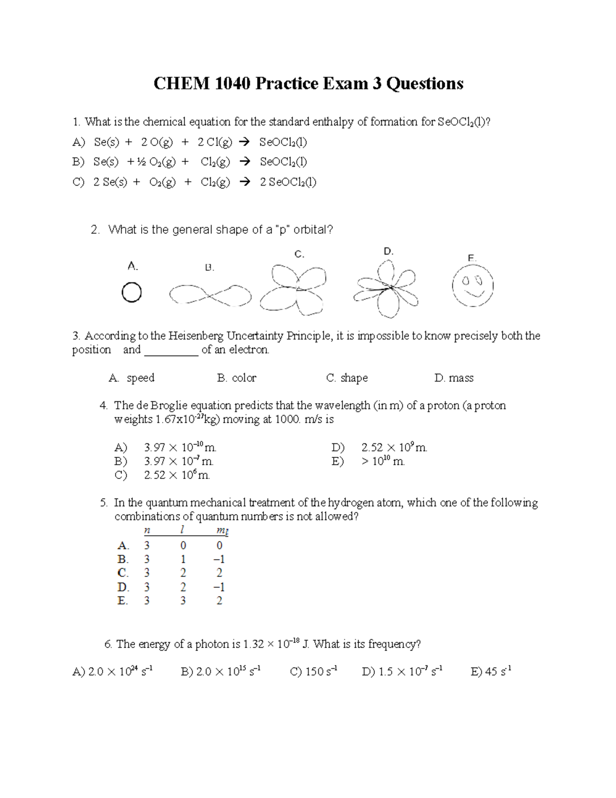 Exam 3 Practice Exam Questions11 CHEM 1040 Practice Exam 3