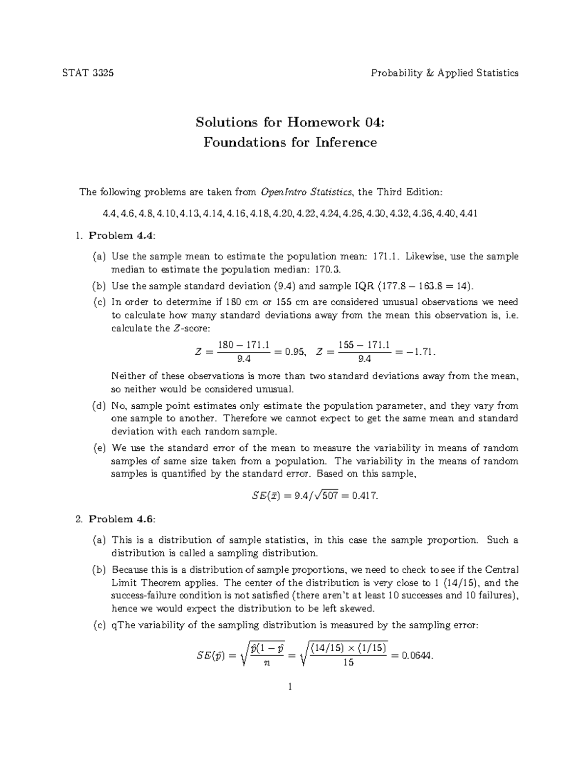 HW04-Sol - Chapter 4 Homework Solutions. Professor Su. - STAT 3325 ...