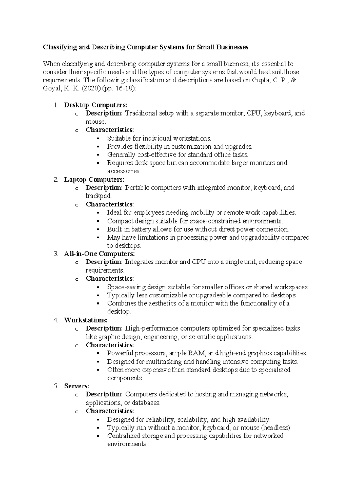 Classifying and Describing Computer Systems for Small Businesses - The ...