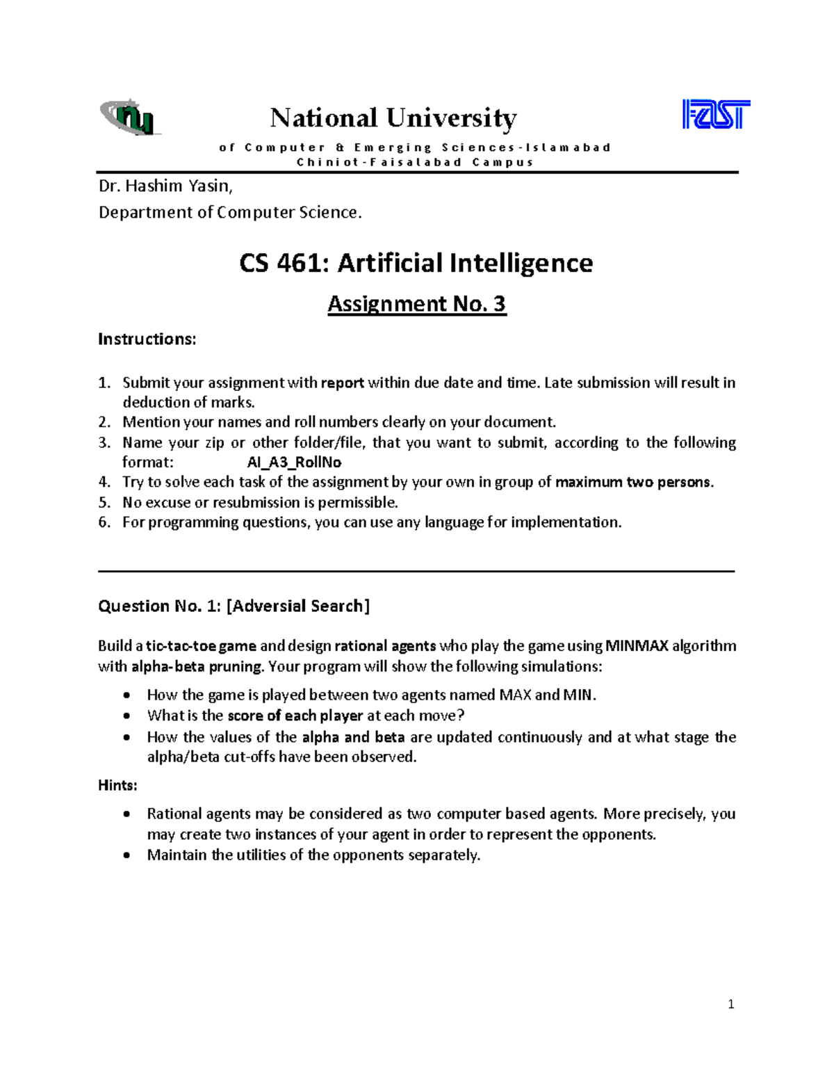 CS 461-Spring 2021 -Artificial Intelligence-A3 - Artifical Intelligence ...
