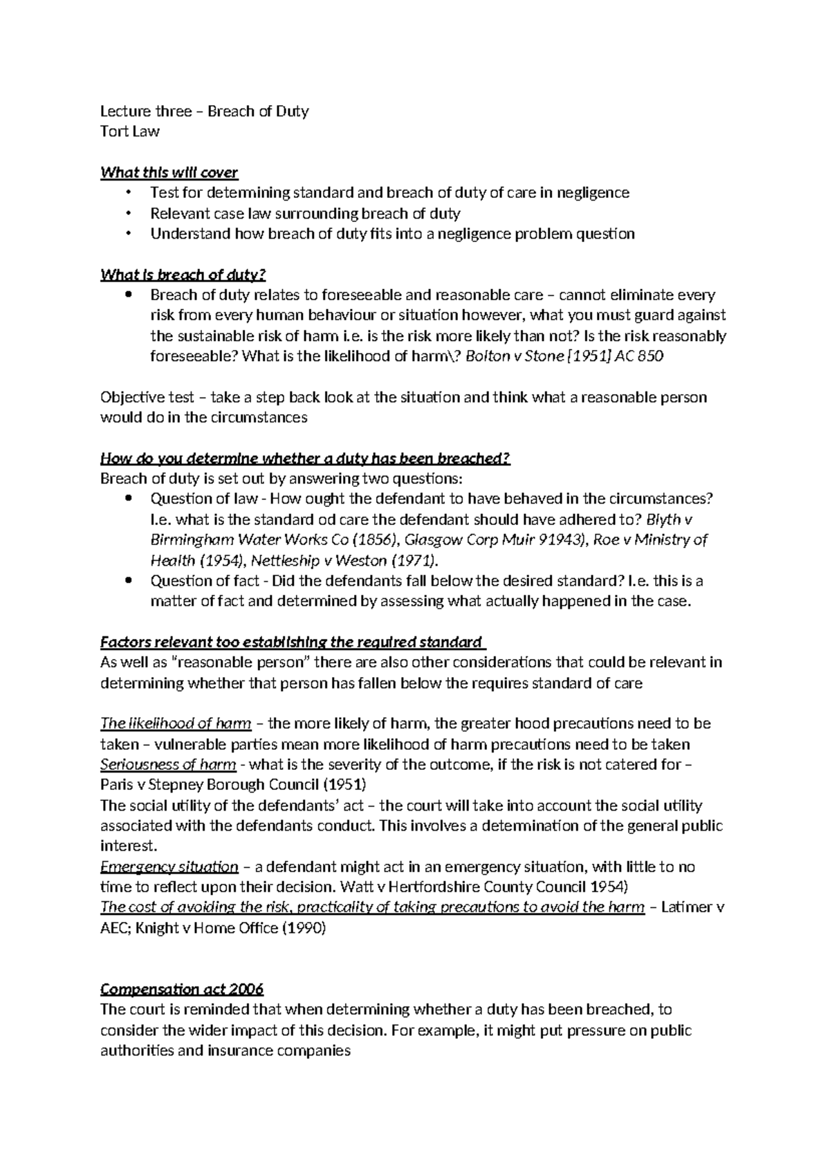 Breach of Duty - tort - Lecture three – Breach of Duty Tort Law What ...