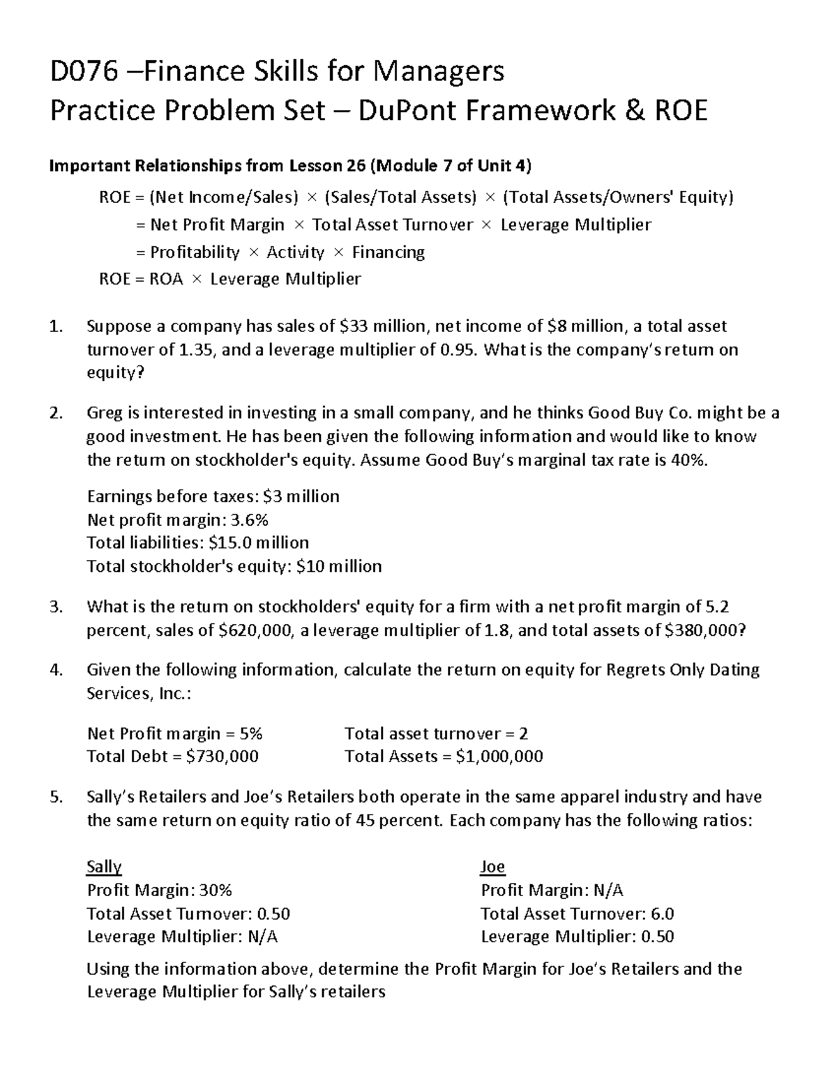 D076 Practice Problems Du Pont - D076 –Finance Skills for Managers ...