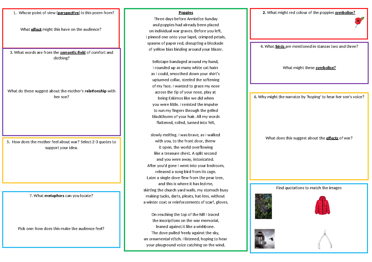 Poppies A3 analysis sheet - Poppies Three days before Armistice Sunday ...