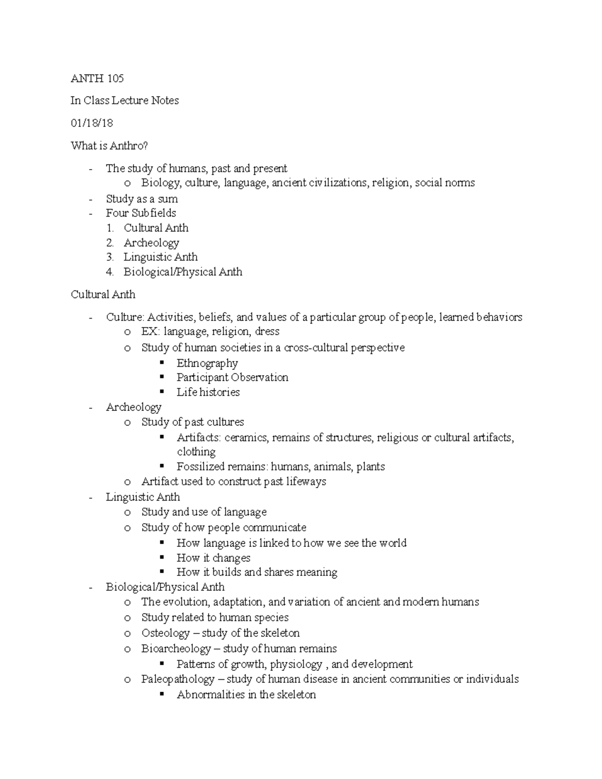 Lecture 1 01-18-18 - notes - ANTH 105 In Class Lecture Notes 01/18 ...