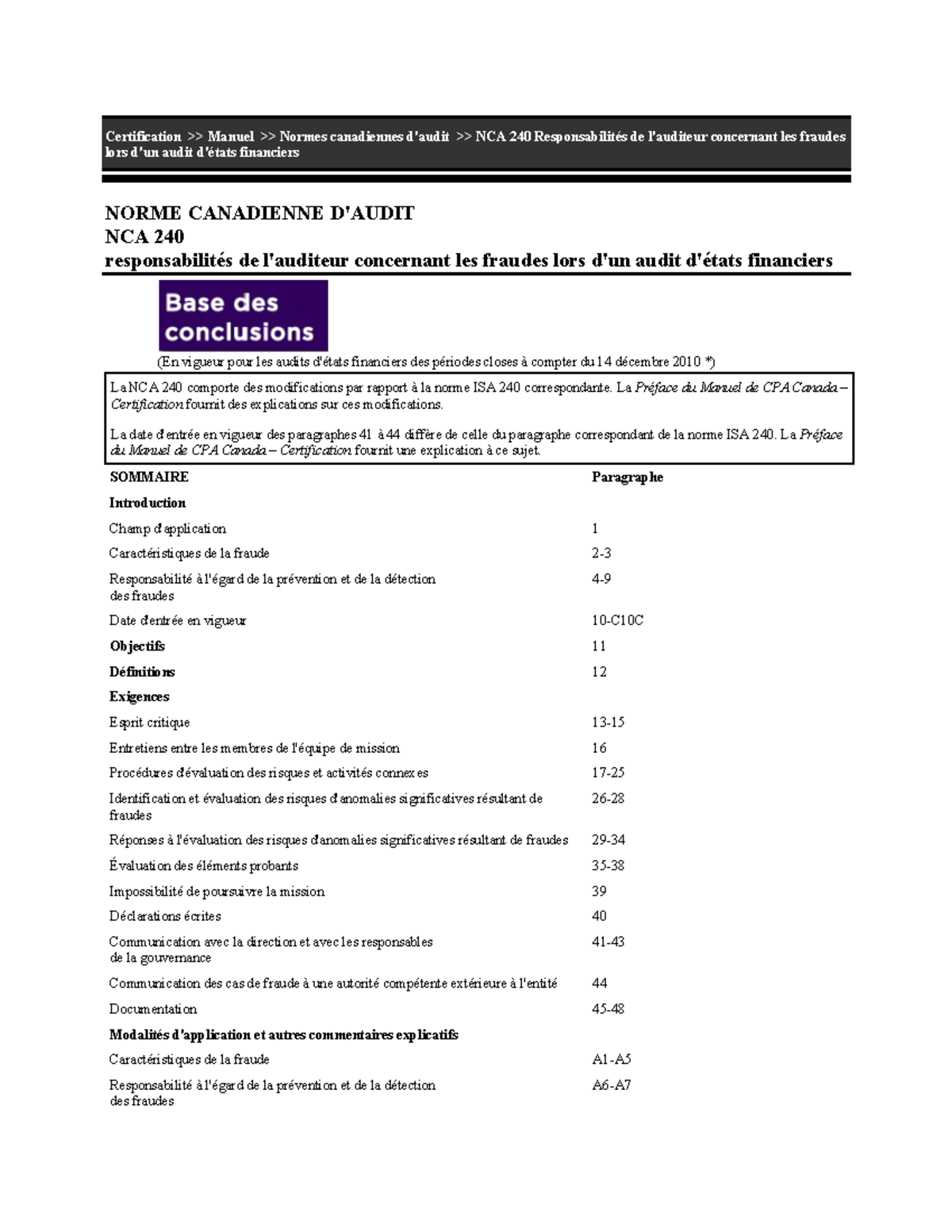NCA240 - Certification >> Manuel >> Normes canadiennes d'audit >> NCA ...