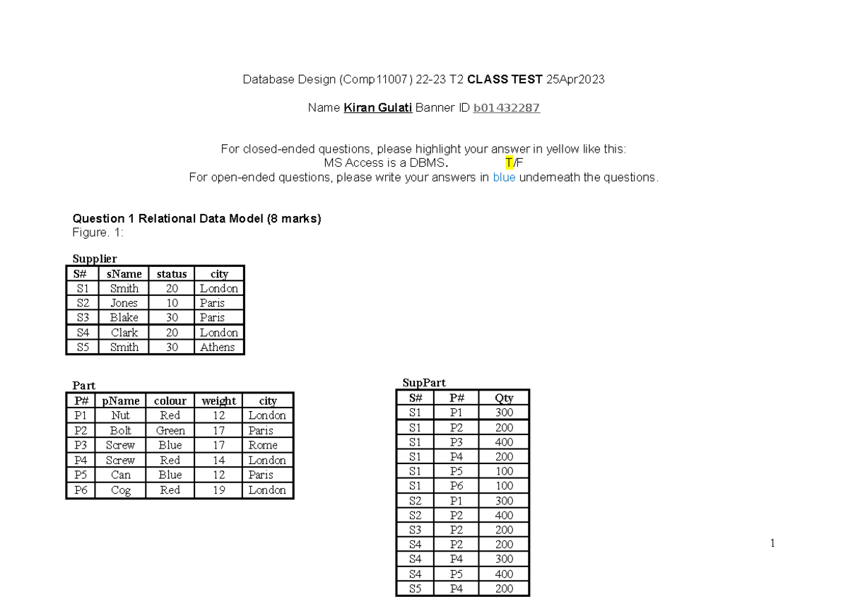 22-23 T2 COMP11007 Class TEST Questions Only 24Apr2023 - Database ...