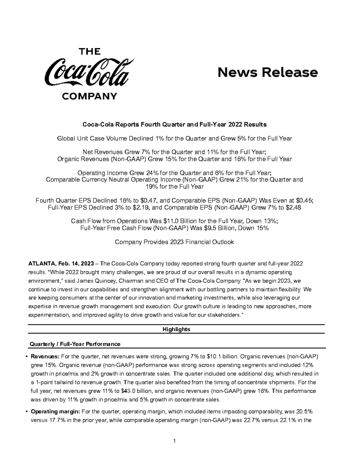 CocaCola fourth quarter and full year 2022 full earnings release2.14.