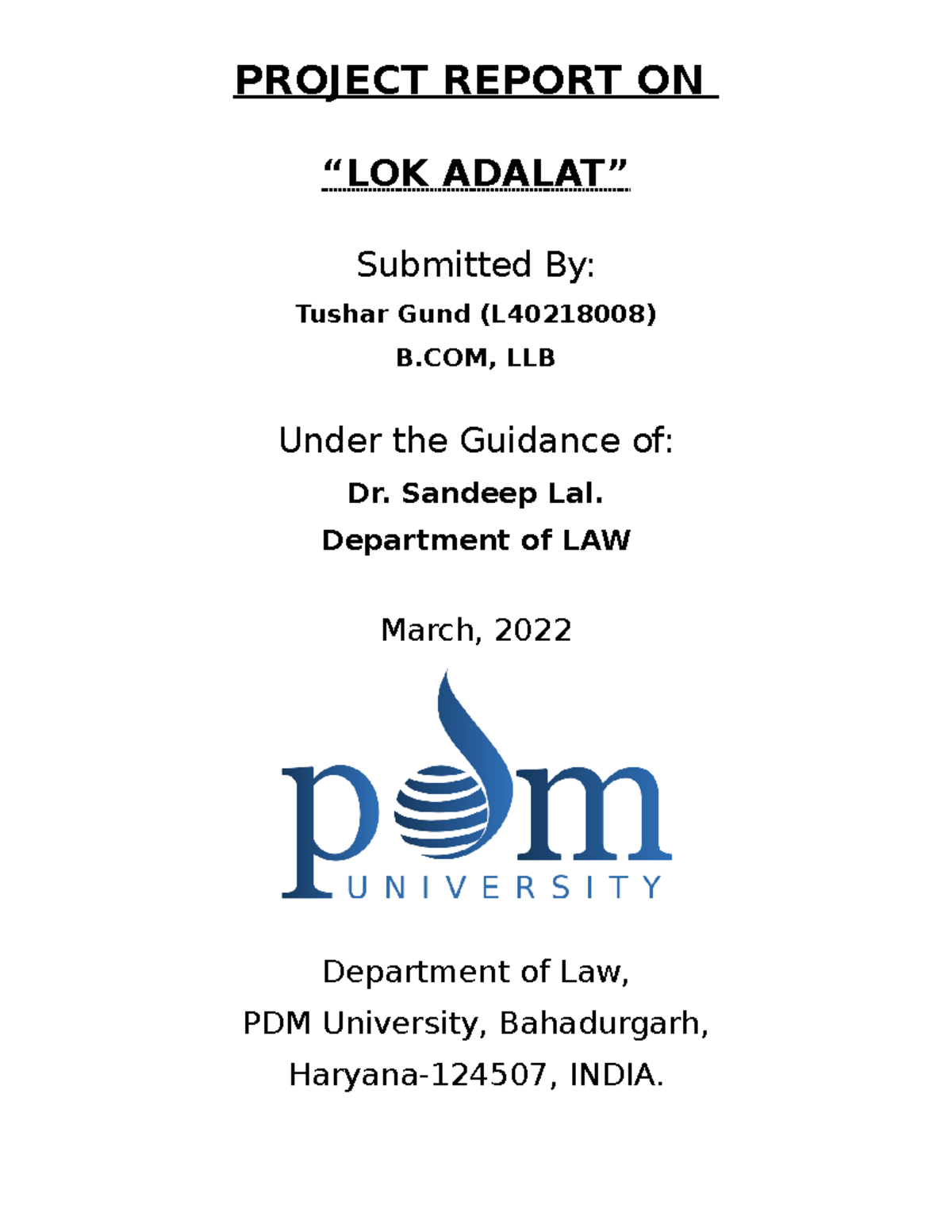 LOK Adalat - LAW NOTES - PROJECT REPORT ON “LOK ADALAT” Submitted By ...