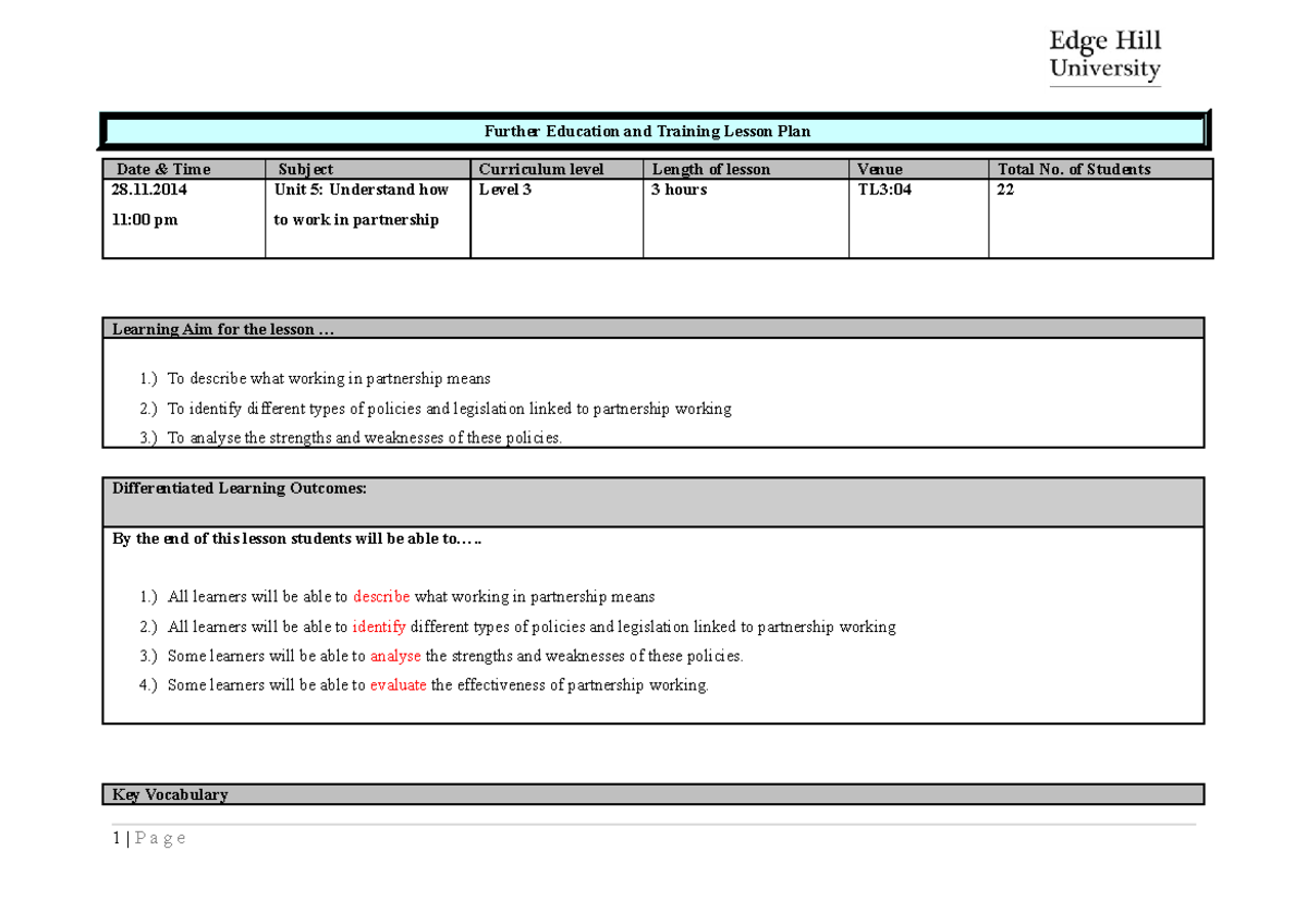 Lesson Plan - Partnership Working - Further Education And Training 