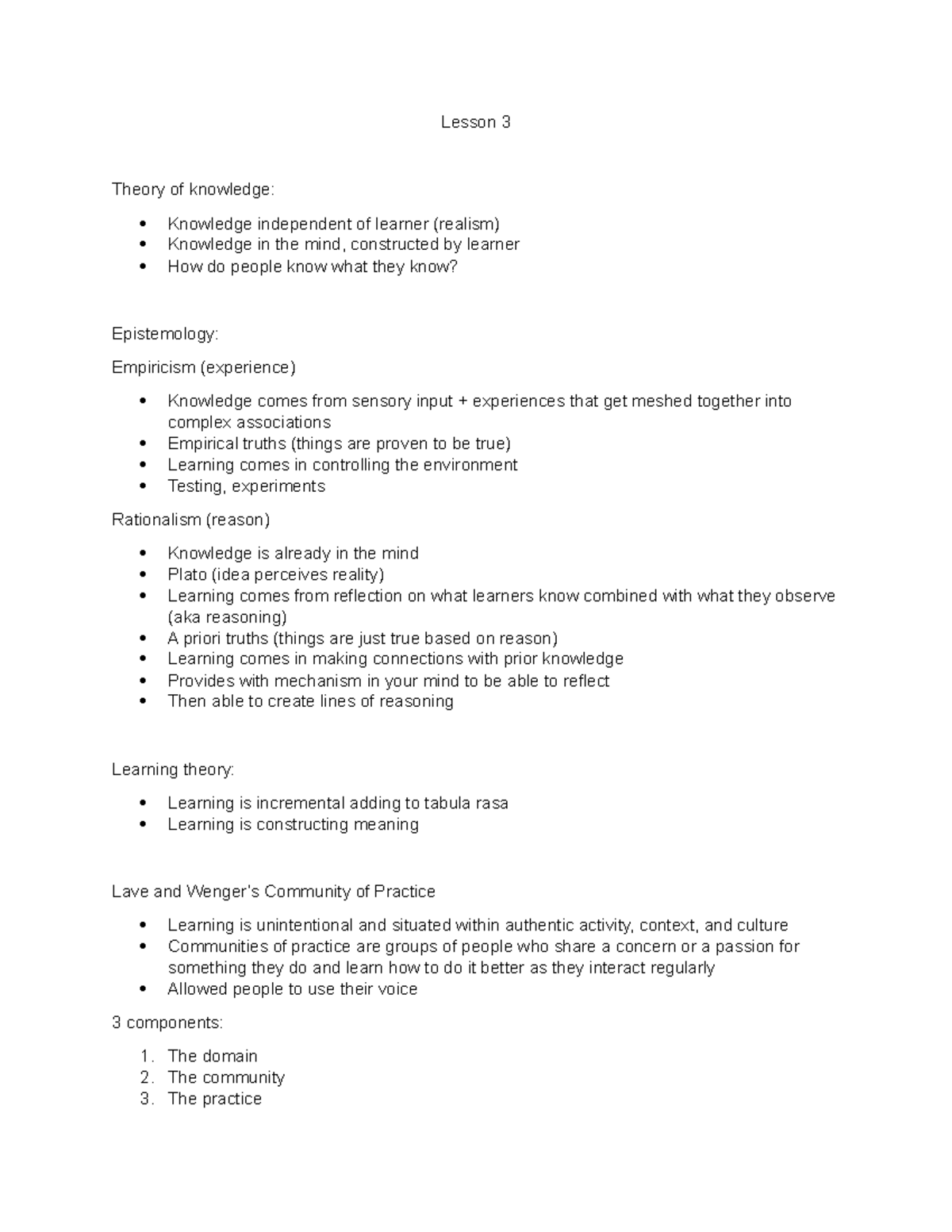 Notes for Lesson 3 Educ 307 - Lesson 3 Theory of knowledge: Knowledge ...