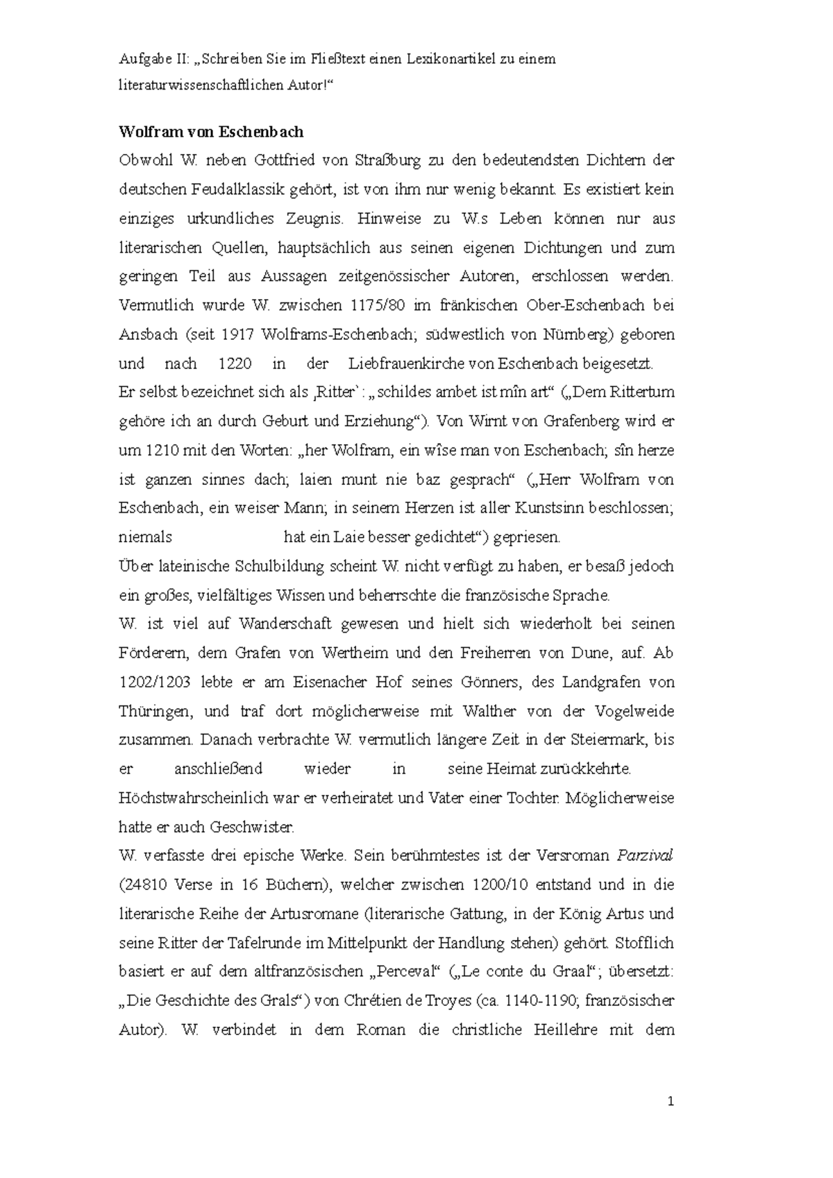 Aufgabe 2 Lexikonartikel - Aufgabe II: Sie im einen Lexikonartikel zu einem - Studocu