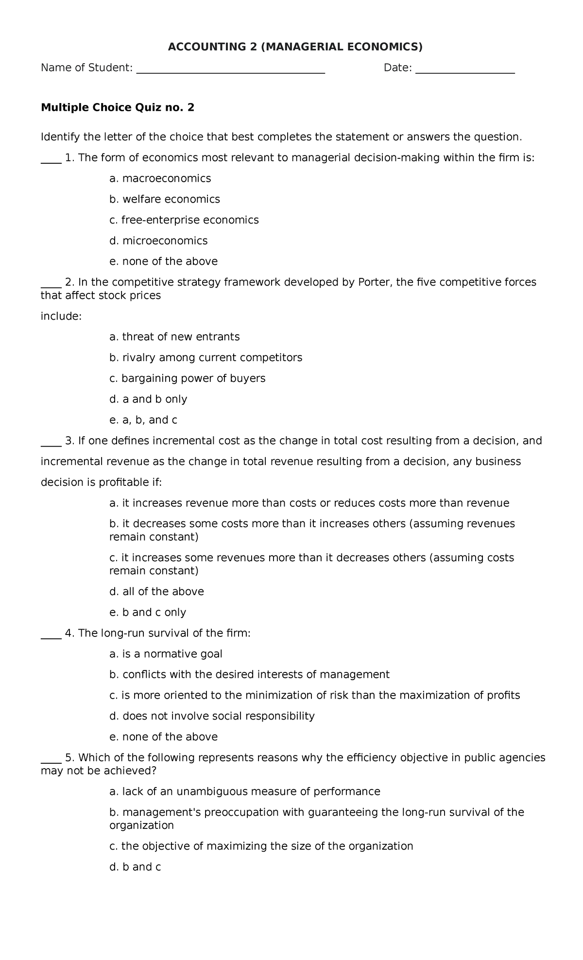 Managerial Economics MC QUIZ NO 2 - ACCOUNTING 2 (MANAGERIAL ECONOMICS ...