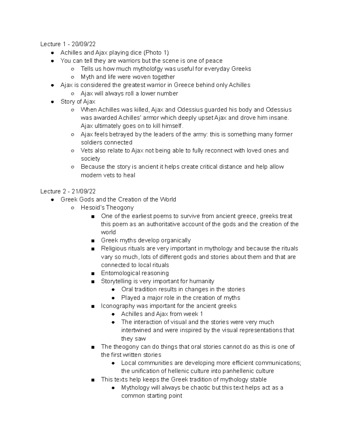 Classics 2200 First Half Course Notes Lecture 1 20/09/ Achilles and