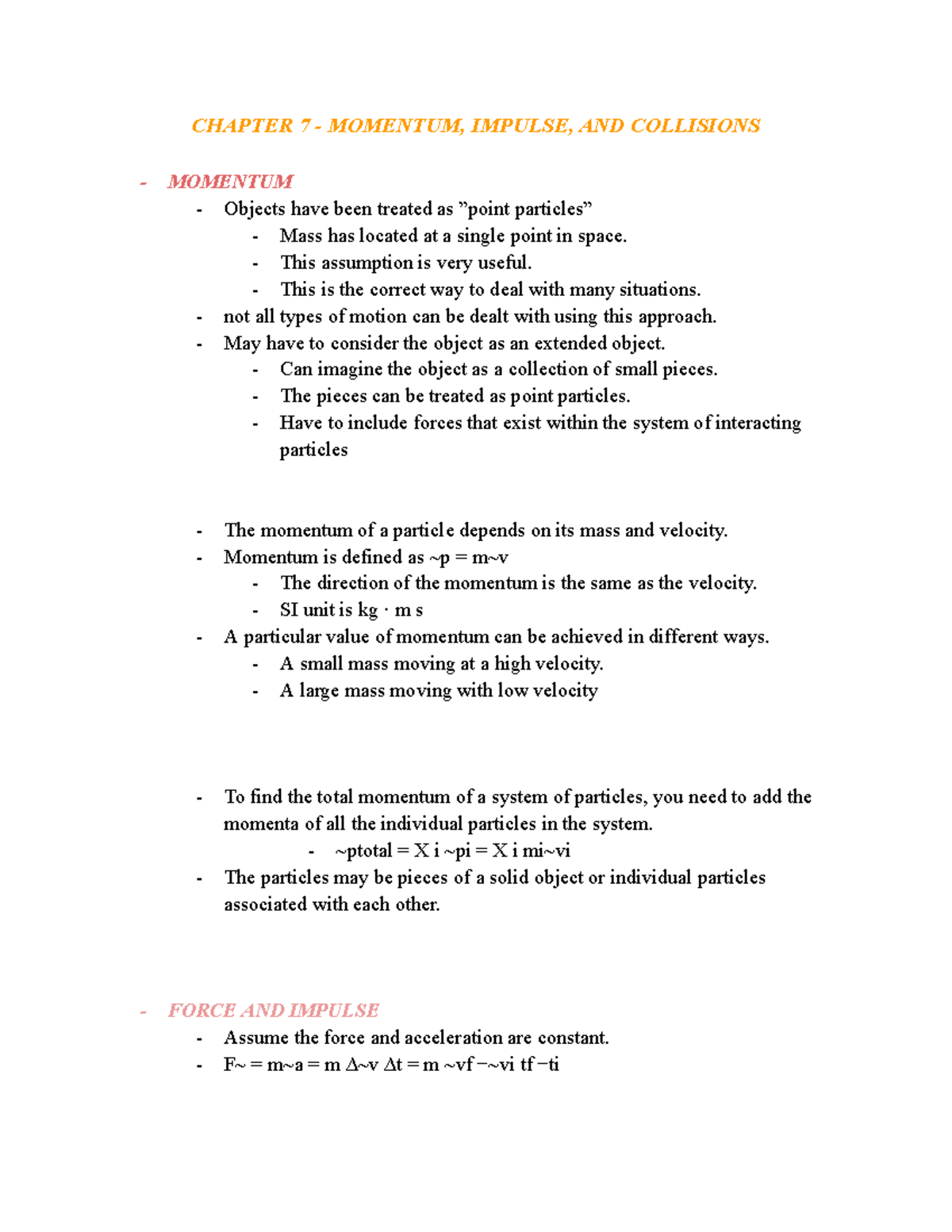 Physics - Chapter 7 - Google Docs1 - CHAPTER 7 - MOMENTUM, IMPULSE, AND ...