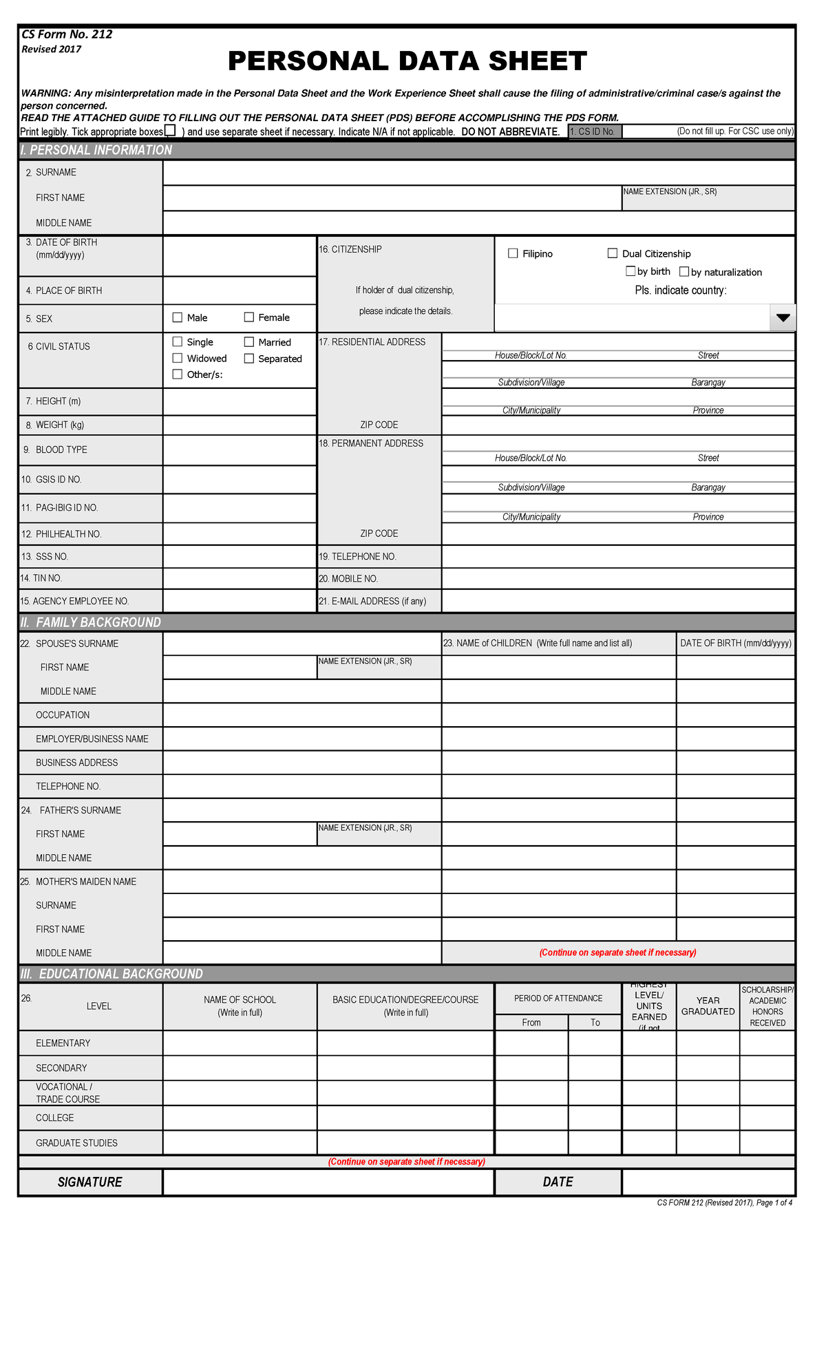 PDS CS Form No 212 Revised 2017 - Print legibly. Tick appropriate boxes ...