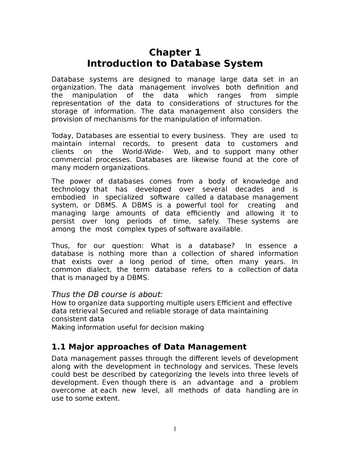 Chapter 1 Data Base - Good - Chapter 1 Introduction To Database System ...