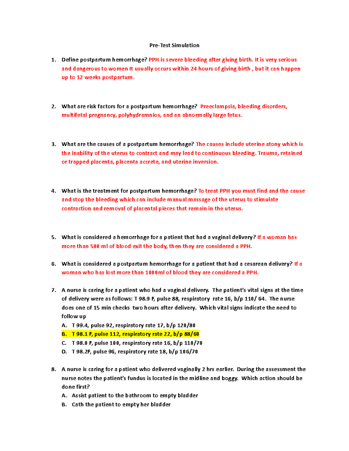 Preassessment.. for postpartum hemorrhage-2 - Pre-Test Simulation ...