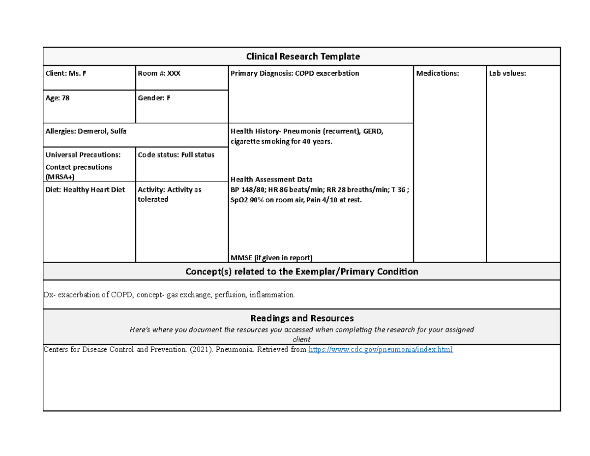 Sample patient research - Clinical Research Template Client: Ms. F Room ...