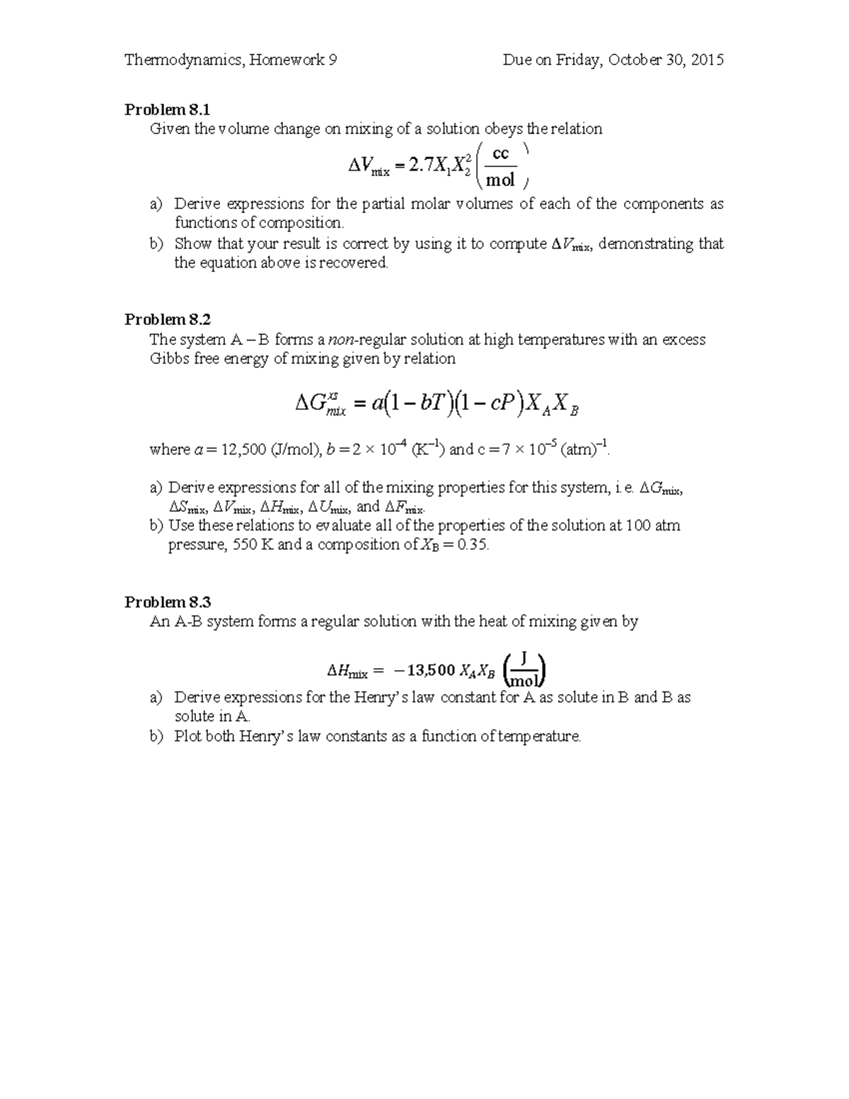 Tutorial Work - 9 - Questions To Practice For Exam - Thermodynamics ...