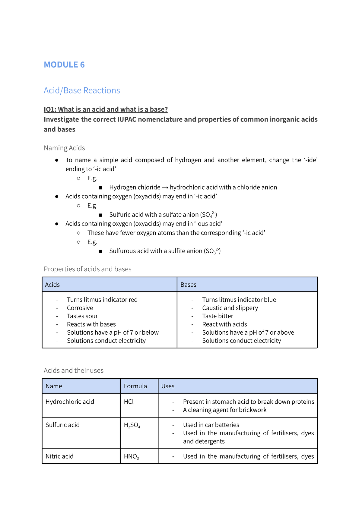 HSC Chem Module 6 Notes - MODULE 6 Acid/Base Reactions IQ1: What Is An ...