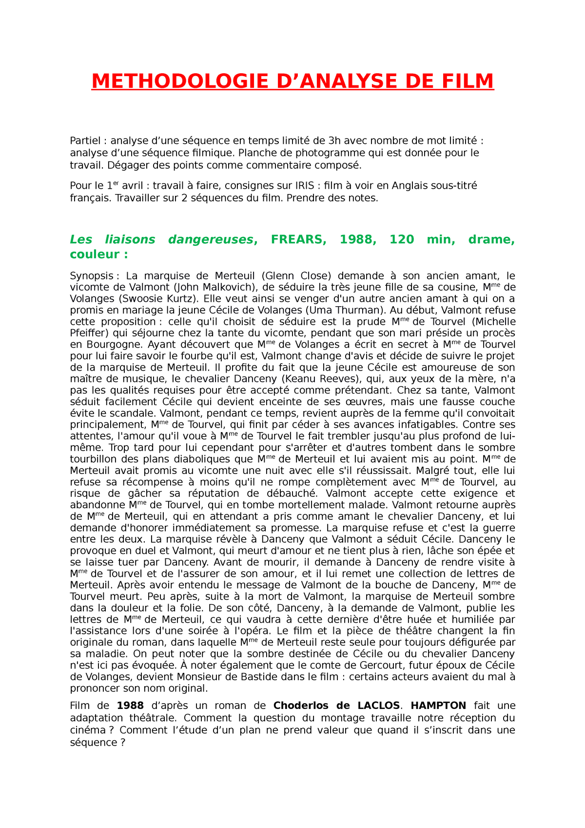 Méthodologie d'analyse d'un film - METHODOLOGIE D’ANALYSE DE FILM Partiel : analyse d’une 