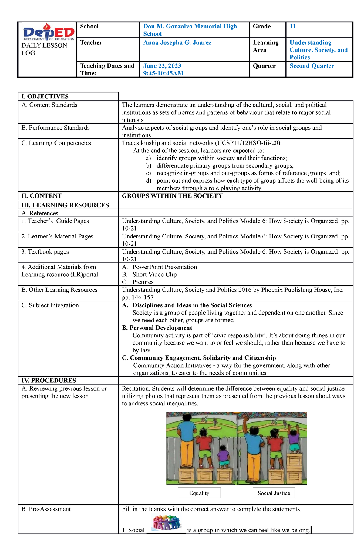 Ucsp Groups Within Groups Dll - DAILY LESSON LOG School Don M. Gonzalvo ...