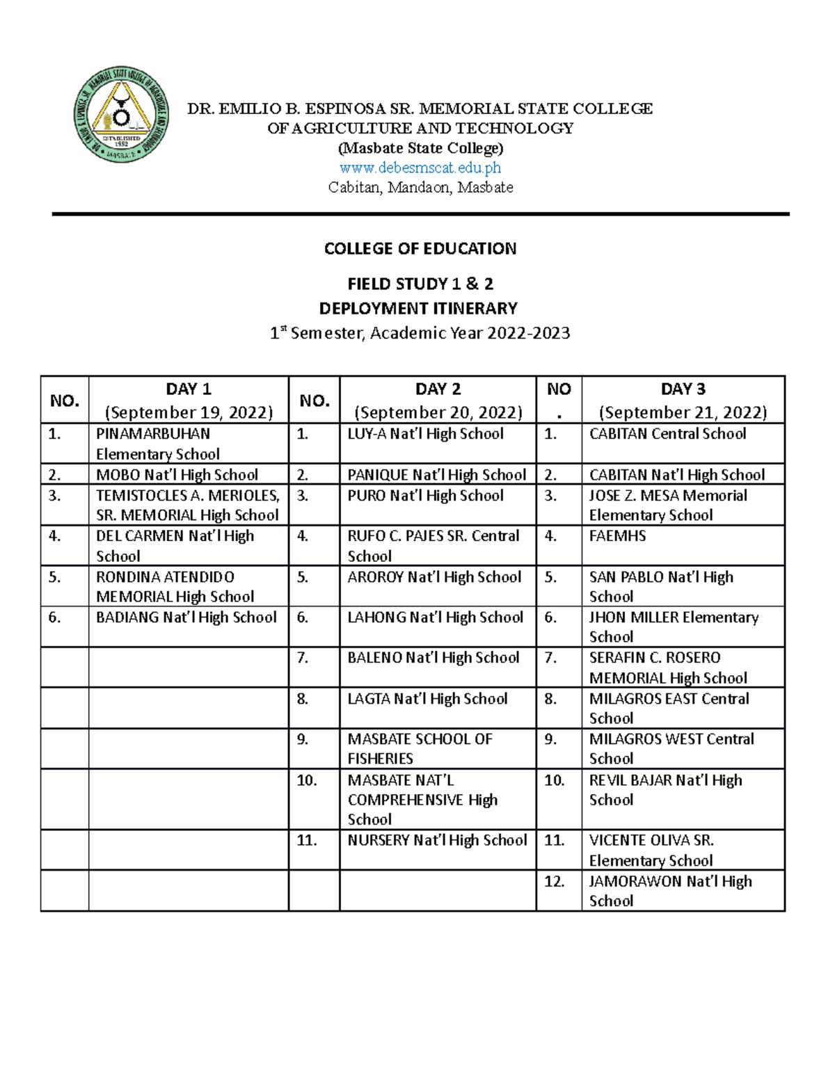 Deployment- Itinerary - DR. EMILIO B. ESPINOSA SR. MEMORIAL STATE ...