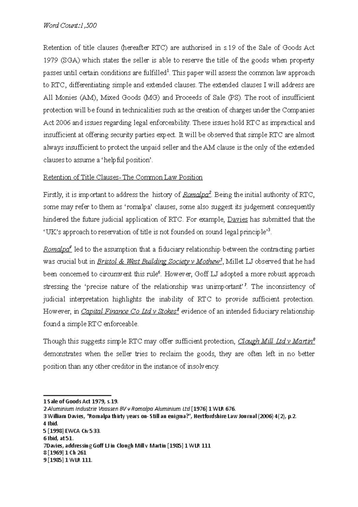 Retention of title clauses This paper will assess the common law