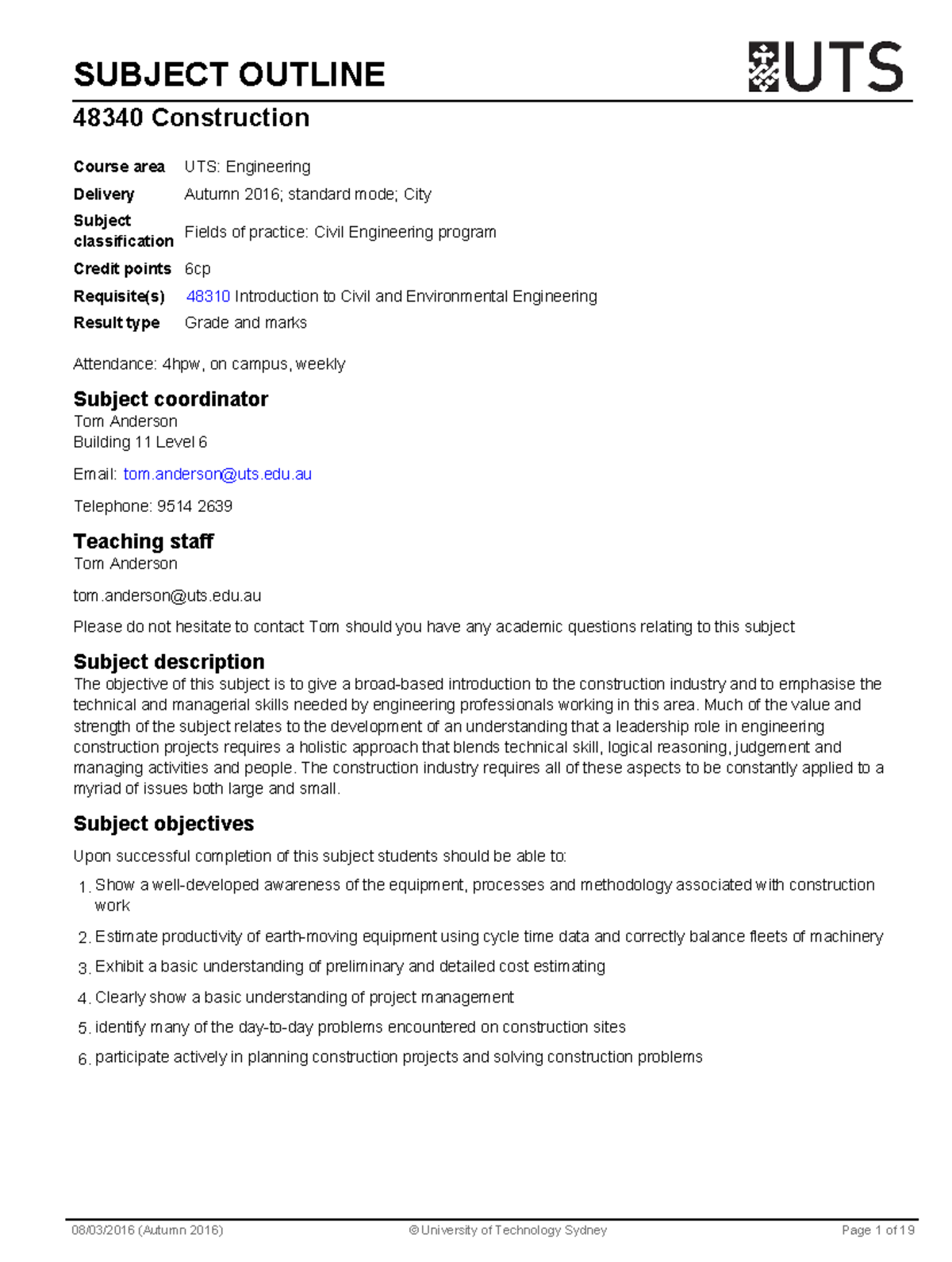 Subject Outline - SUBJECT OUTLINE 48340 Construction Course area UTS ...