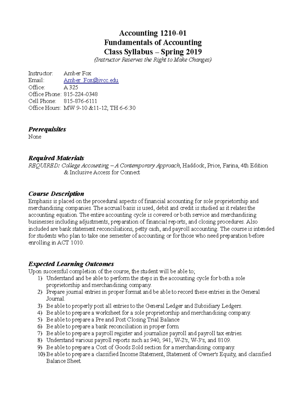 Fundamentals Syllabus - Accounting 1210- 01 Fundamentals of Accounting ...