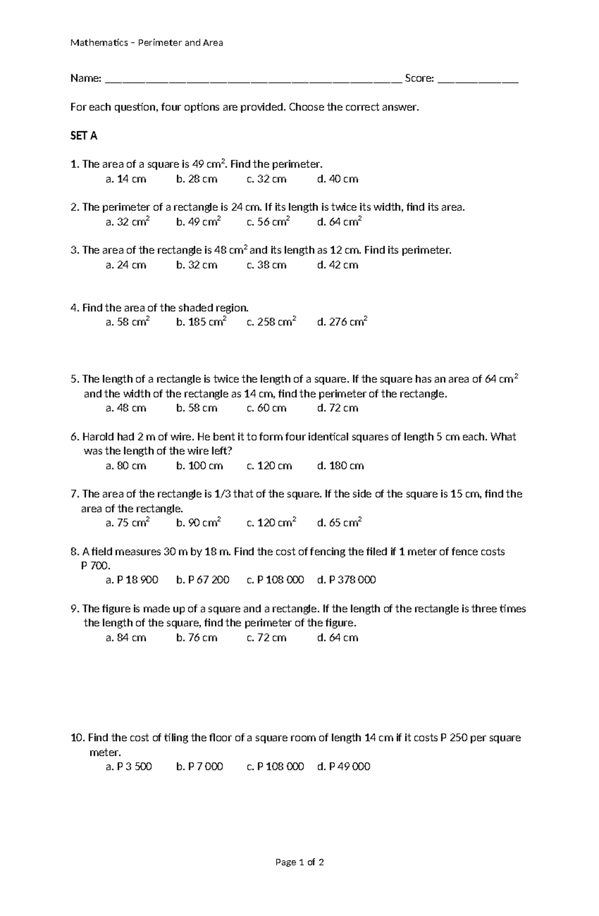 Area and Perimeter - Math - Mathematics – Perimeter and Area Name ...