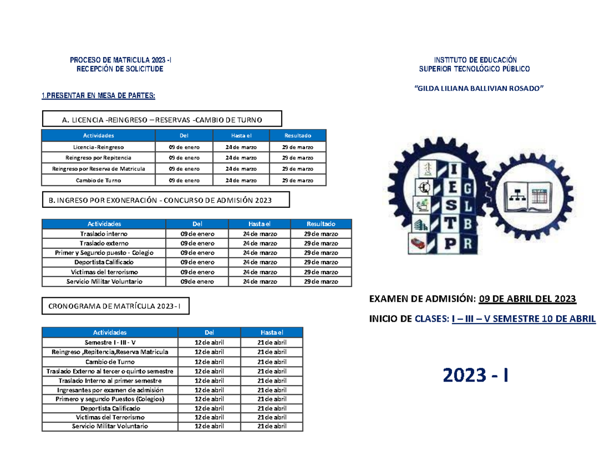 Proceso DE Matricula 2023-I - CRONOGRAMA DE MATRÍCULA 2023- I PROCESO ...