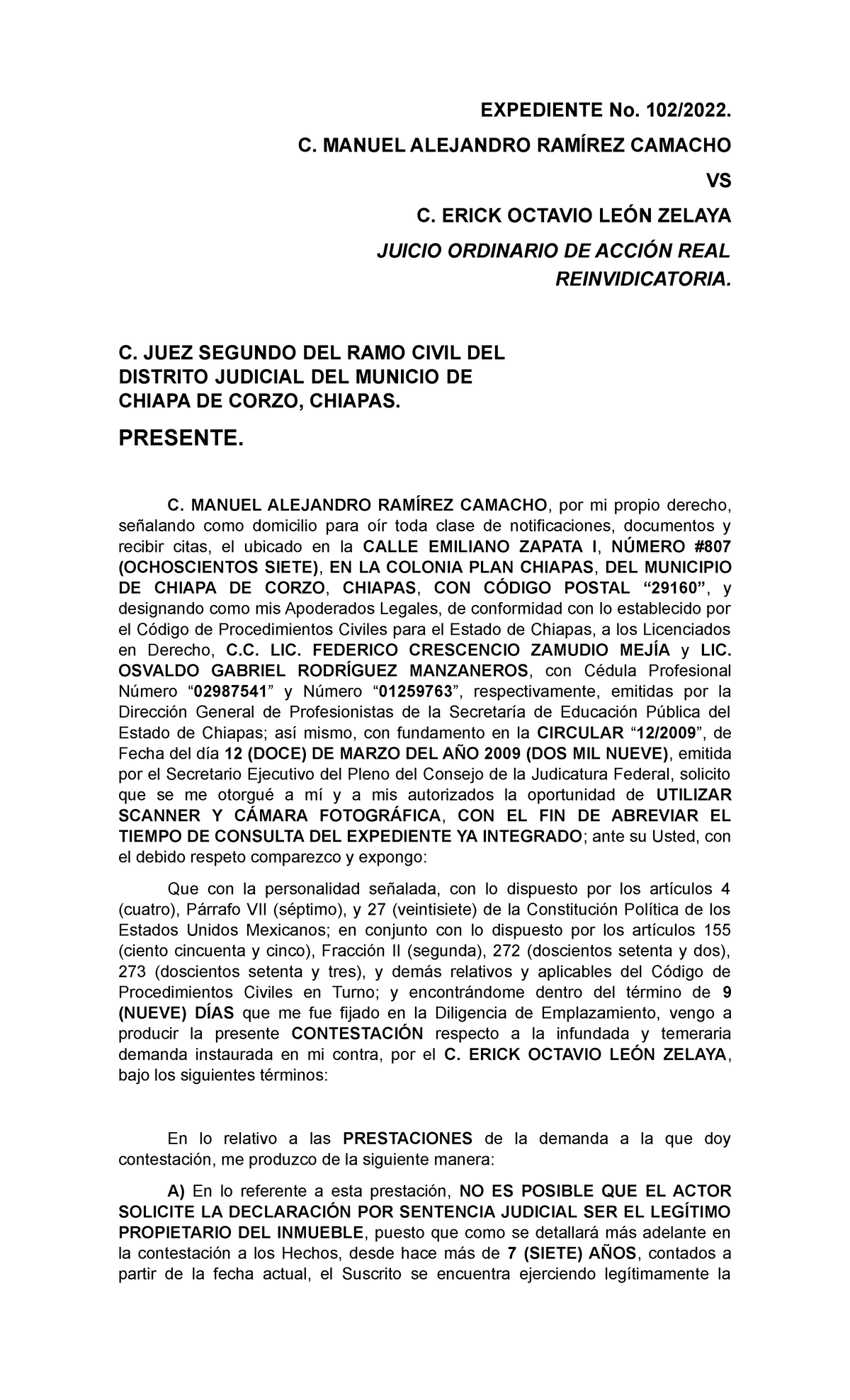 4 Contestacion - Demanda - EXPEDIENTE No. 102/2022. C. MANUEL ALEJANDRO ...