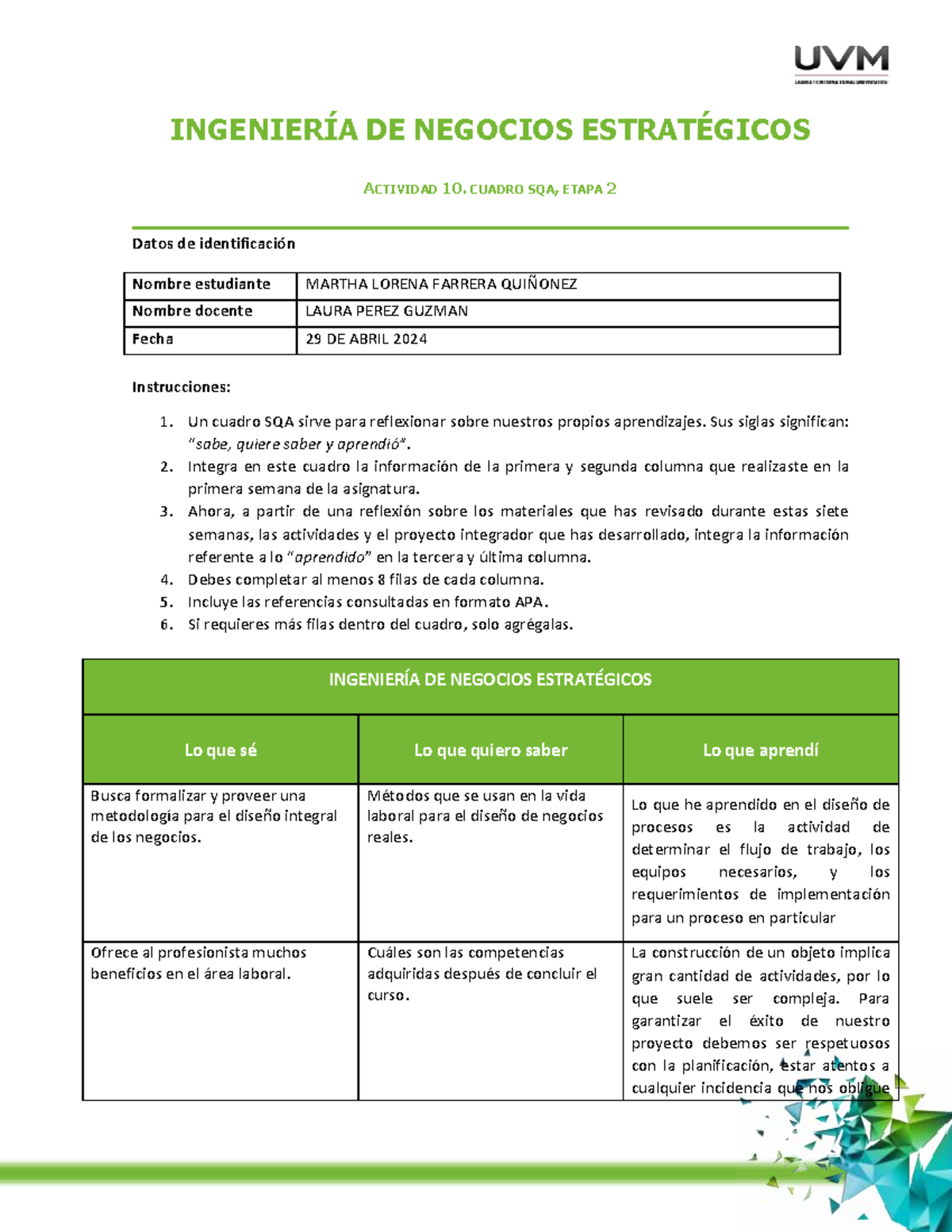 Cuadro SQA ETAPA 2 - INGENIERÍA DE NEGOCIOS ESTRATÉGICOS ACTIVIDAD 10 ...