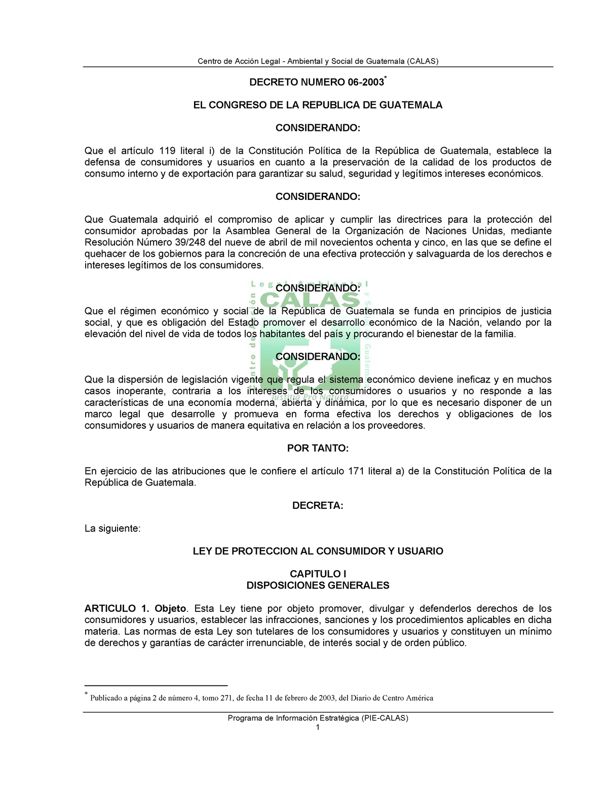 Ley De Proteccion Al Consumidor Decreto Numero 06 2003 El Congreso De La Republica De 