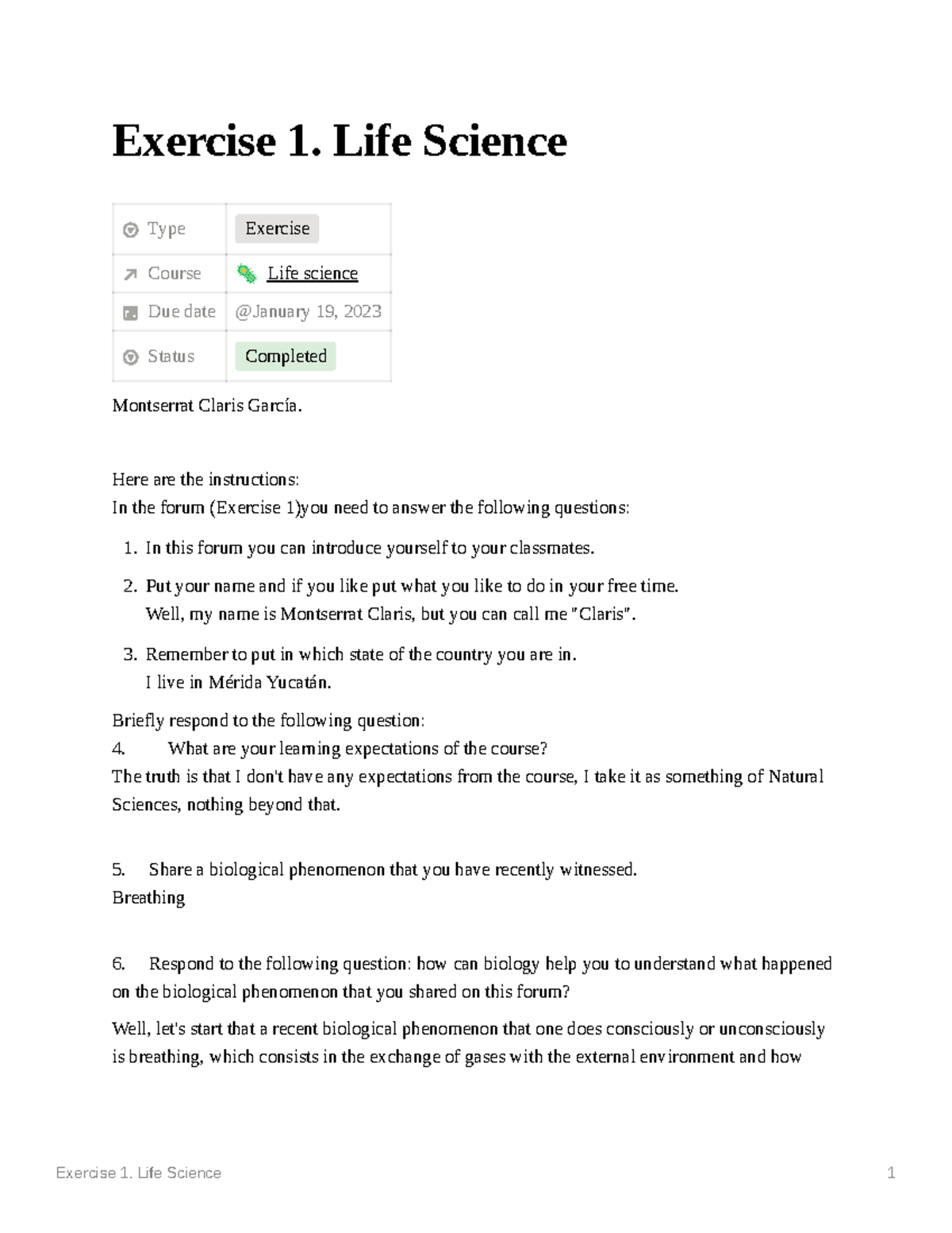 Exercise 1. life science Type Exercise Course Î Life science Due date