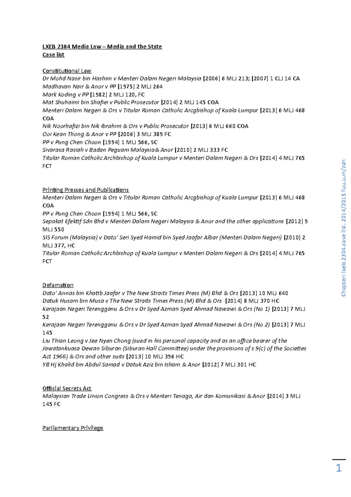 Media Law case list - Constitutional Law Dr Mohd Nasir bin Hashim v ...