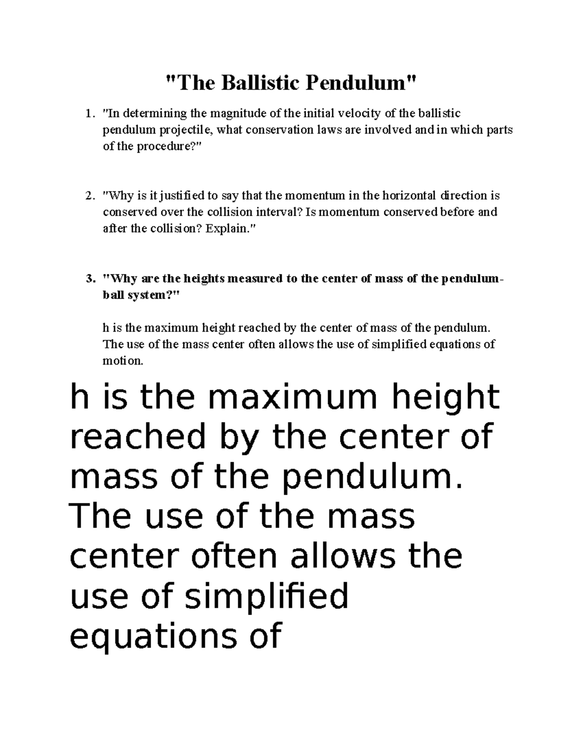 The Ballistic Pendulum pre lab 9 - "The Ballistic Pendulum" "In ...