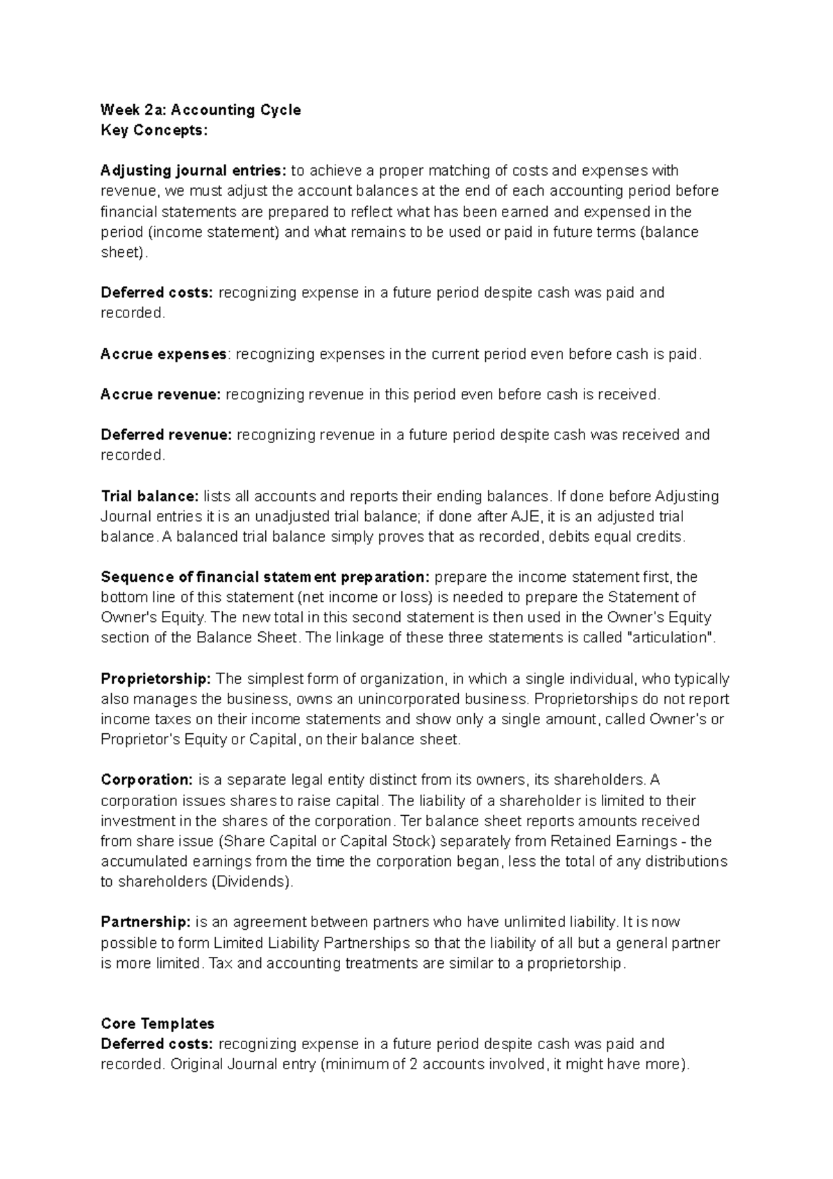Week 2 key notes - adms - Week 2a: Accounting Cycle Key Concepts ...