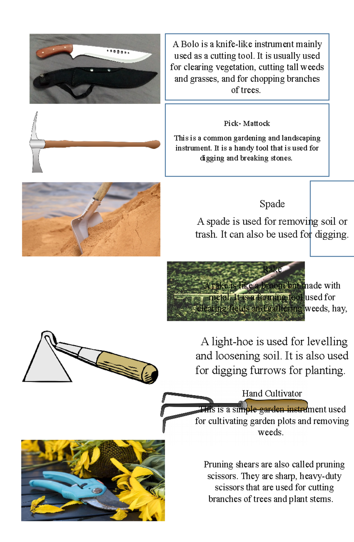 Agricultural tools - Lecture notes 7 - A Bolo is a knife-like ...