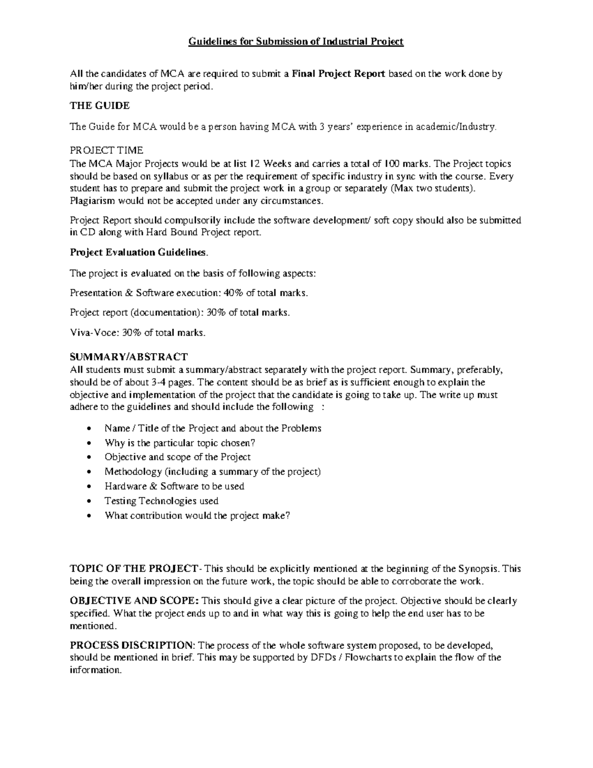 Mca project guidlines - Guidelines for Submission of Industrial Project ...