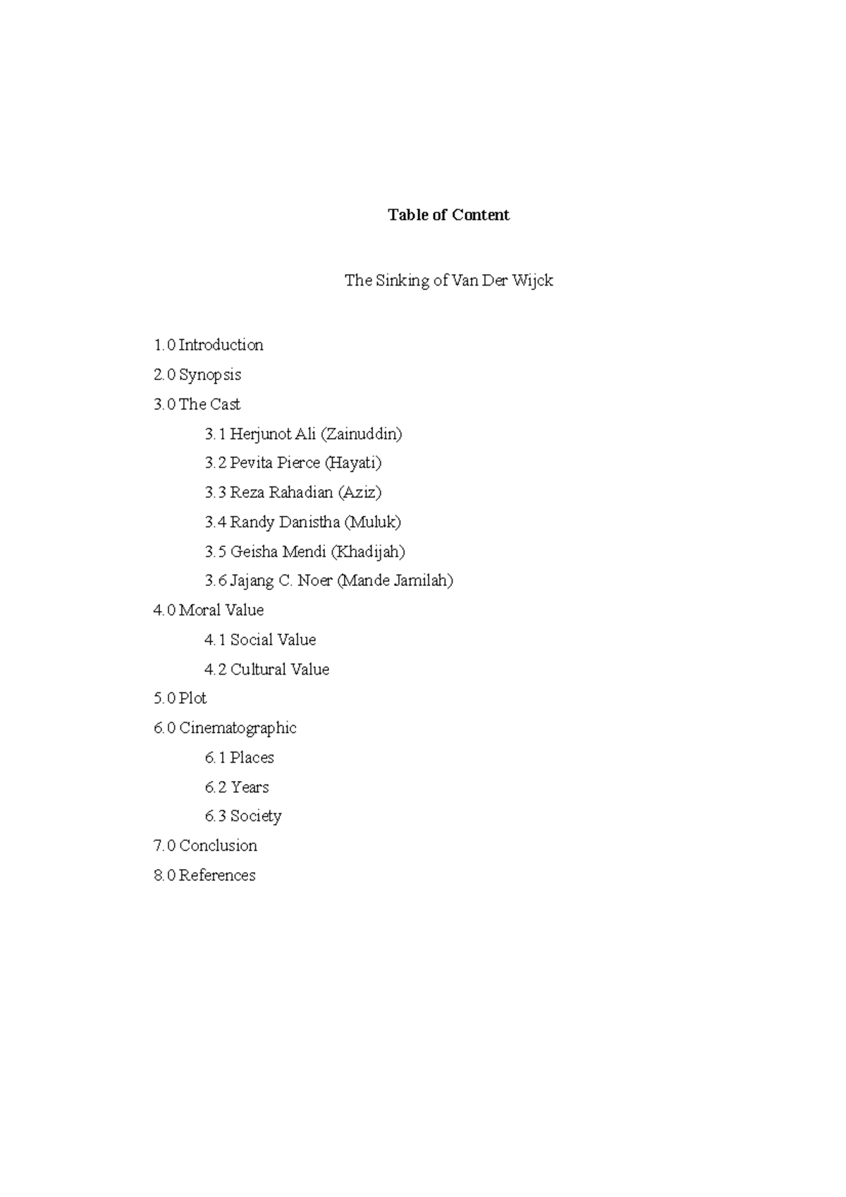 Mini Assignment 1 Curator Table Of Content The Sinking Of Van Der Wijck 1 0 Introduction 2 0 Studocu