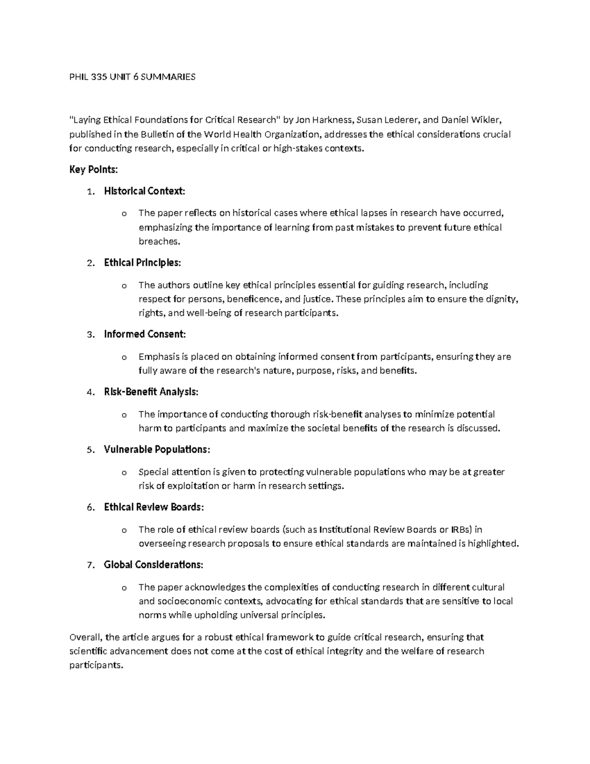 PHIL 335 UNIT 6 Summaries - PHIL 335 UNIT 6 SUMMARIES "Laying Ethical ...